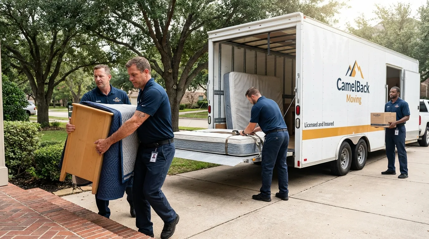 Crew loading residential truck for cross-state move from Graham, TX