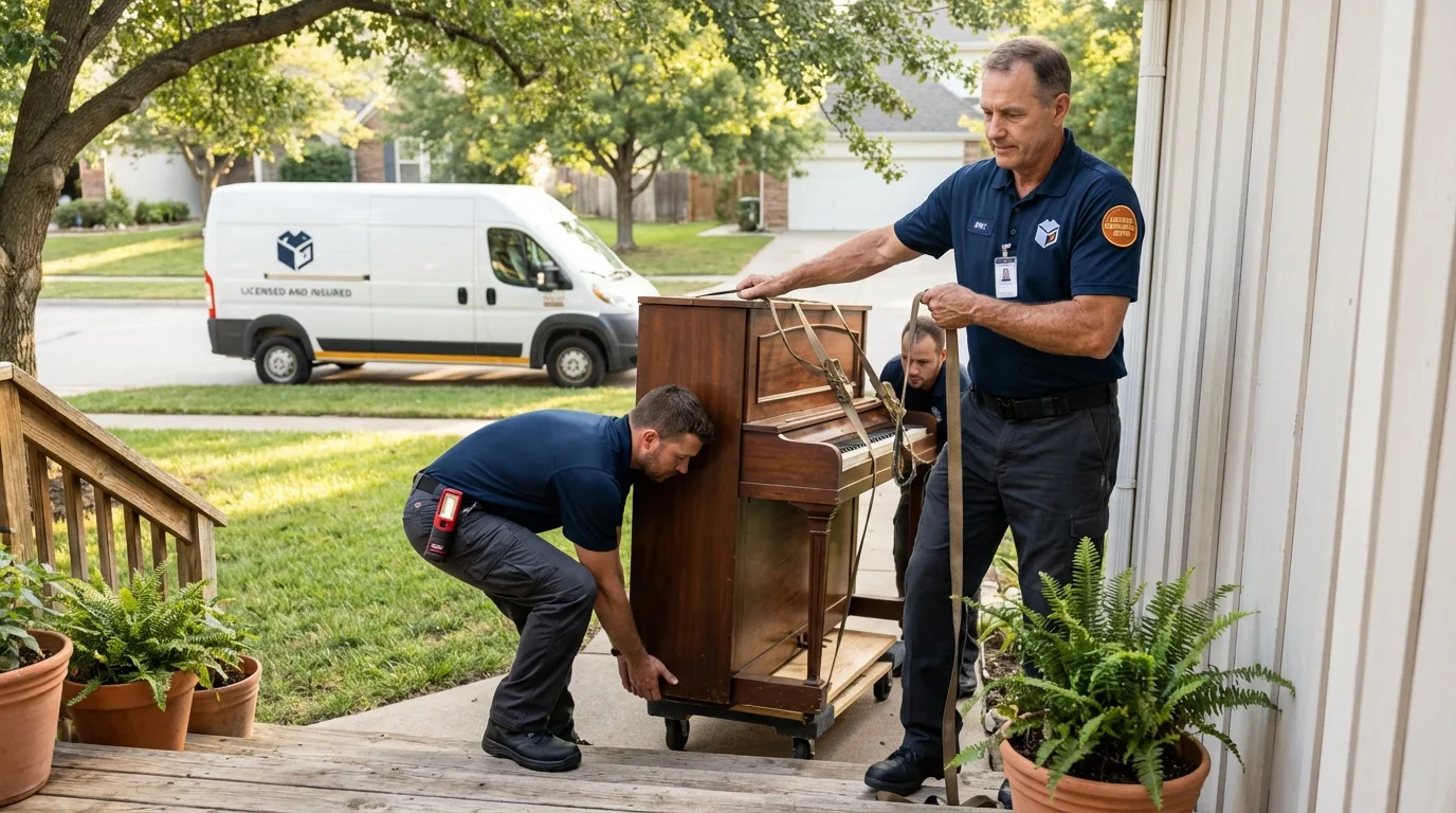 Licensed piano movers securing grand piano in Graham, TX