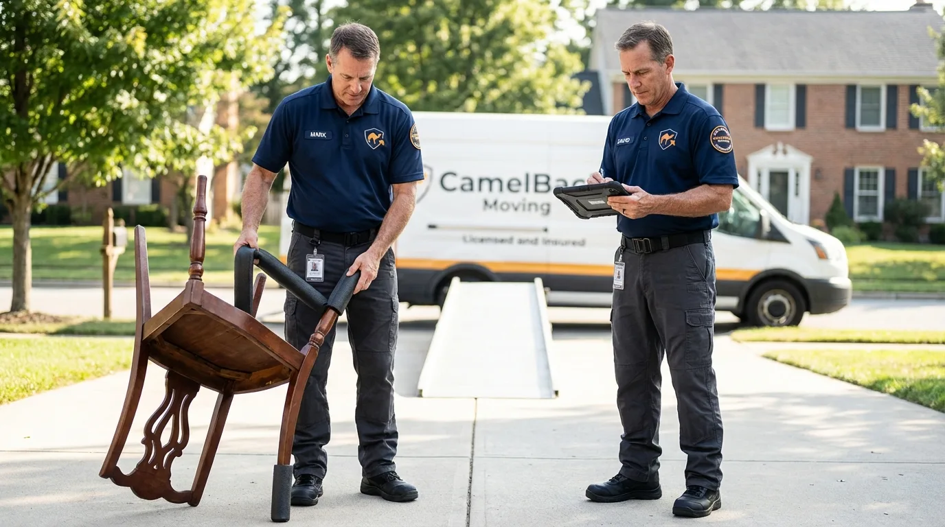 Movers inspecting furniture for damage prevention before loading in Graham, TX