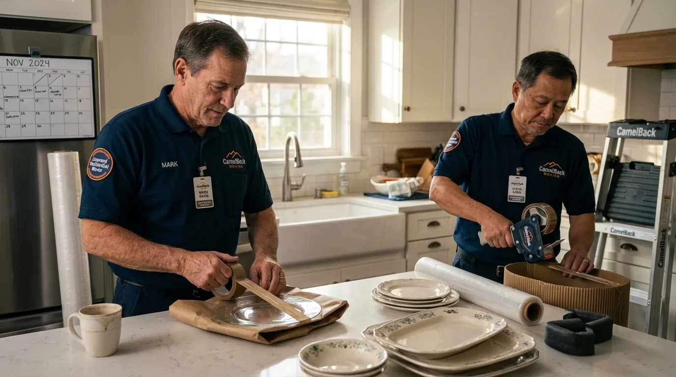 Professional crew packing kitchen dishware in Graham, TX
